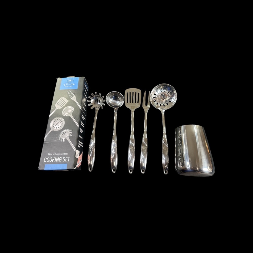 Zulay Kitchen 5 Piece Stainless Steel Cooking Utensil Set with Canister Silver